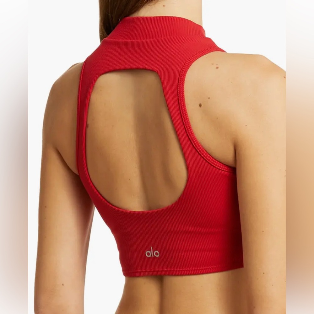 ALO Yoga Goddess Red Ribbed Racerback Crop Top Bra Tank with Open Back